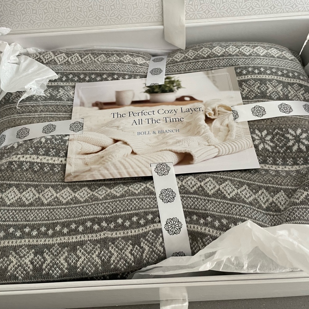 Soft, cozy Boll & Branch throw blanket in gray and white! Never been used!